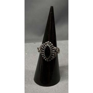 Vintage Sterling Silver Ring with Marquise Center and Beaded Accents, Size 6.5